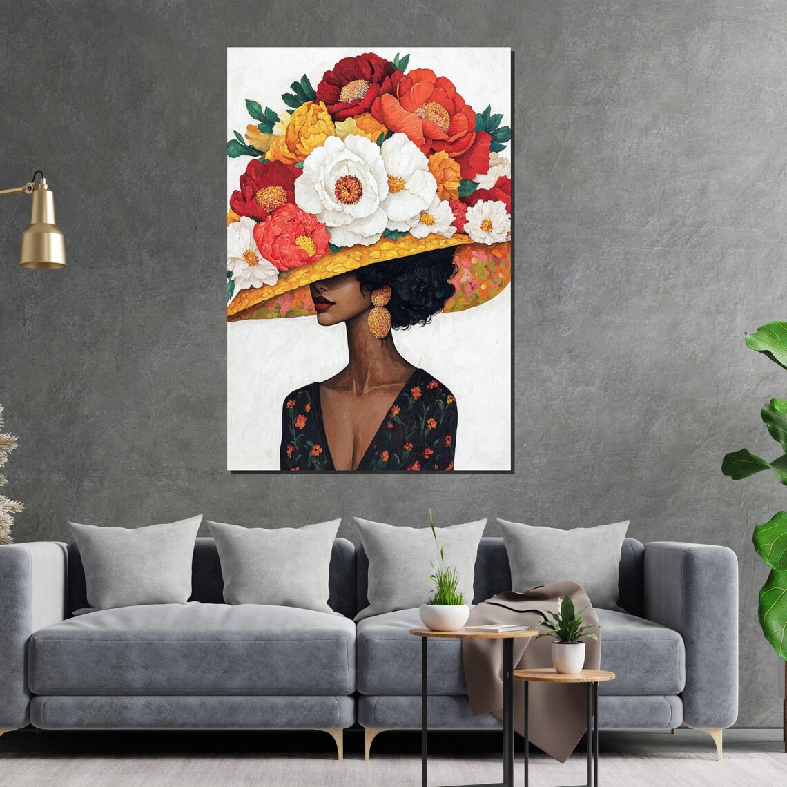 Woman in Flower Hat Vibrant Floral Crown Painterly Portrait Poster - Image 2