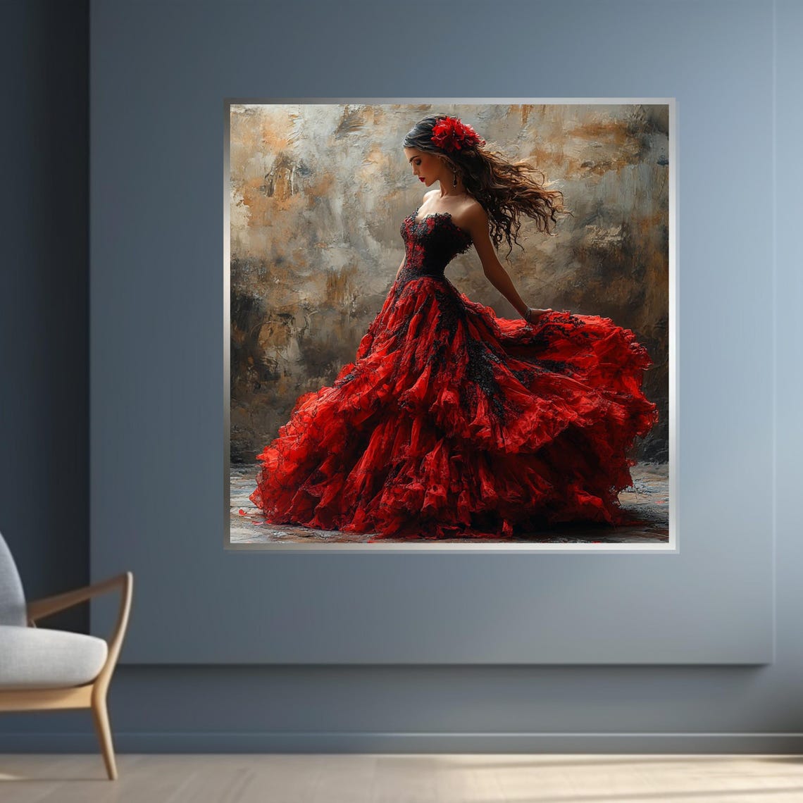 Woman in Flowing Red Ruffled Dress with Flower Dance Art Poster - Image 4