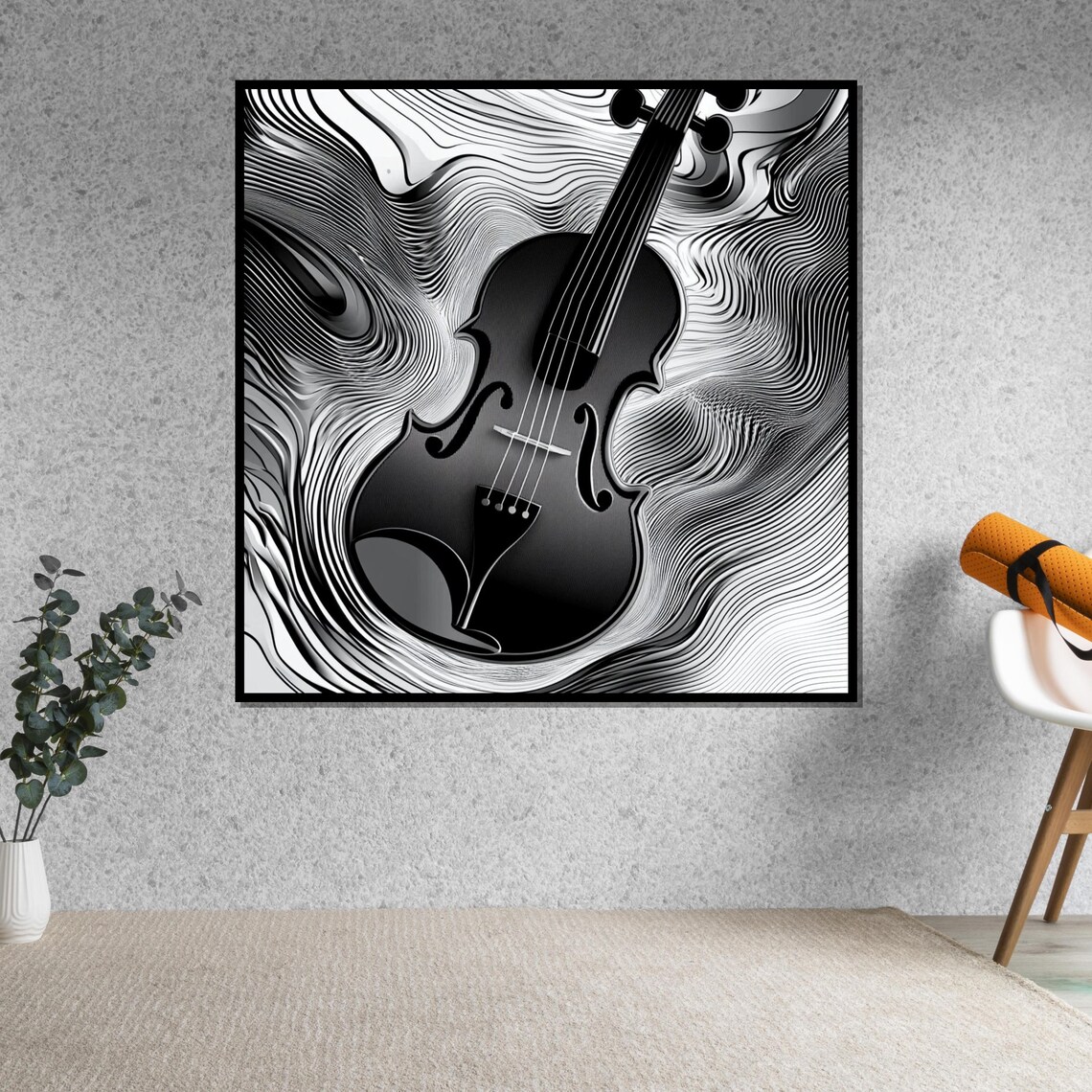 Black Violin on Swirling Monochrome Line Art Modern Music Poster - Image 5