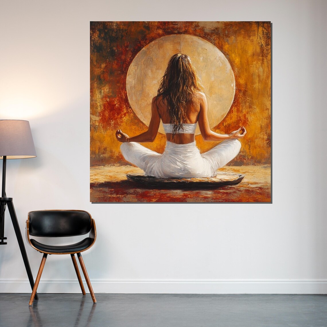 Woman Meditating Before Full Moon in Golden Light Art Poster - Image 2