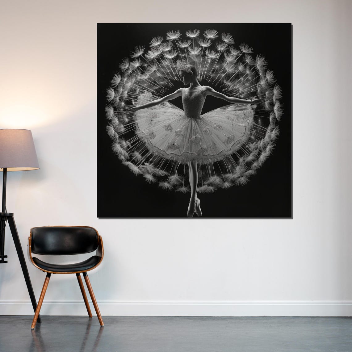 Ballerina Inside Dandelion Seed Head Black and White Art Poster - Image 2