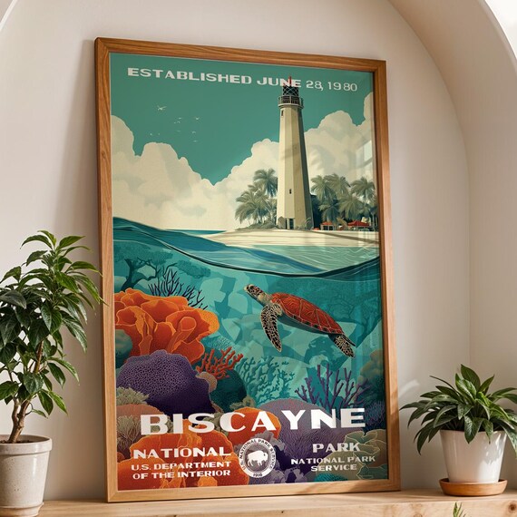 Biscayne National Park Poster Vintage Lighthouse Sea Turtle Coral Reef