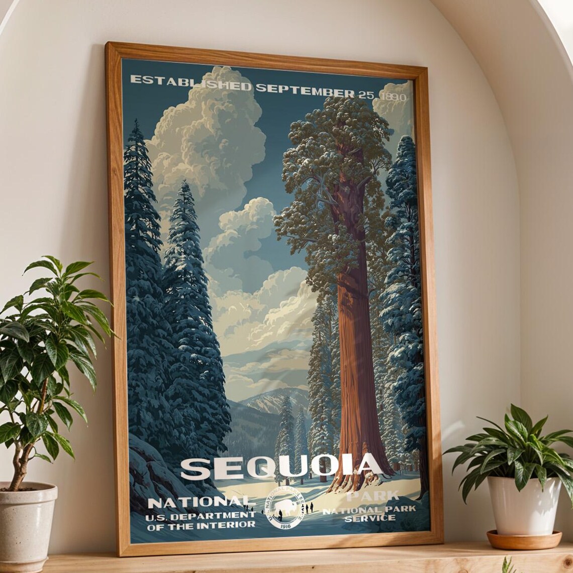 Sequoia National Park Winter Snowy Redwood Forest Vintage Art Poster
