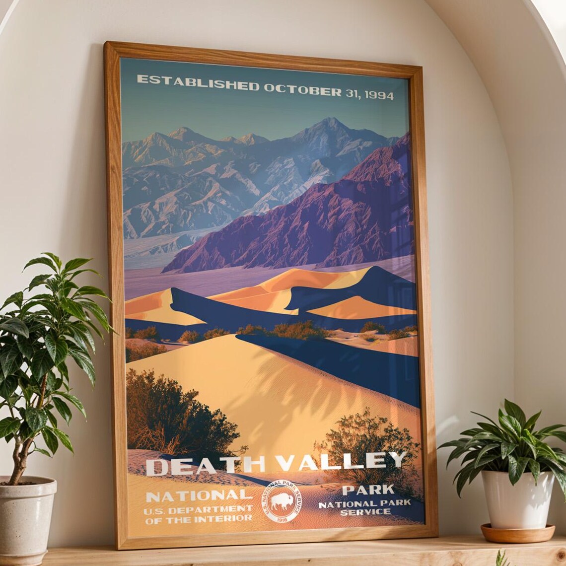 Death Valley California Mesquite Dunes Mountain Retro Travel Poster