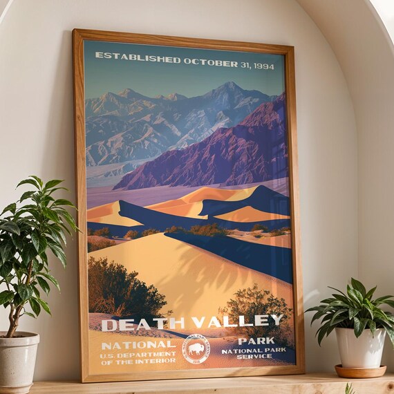 Death Valley California Mesquite Dunes Mountain Retro Travel Poster