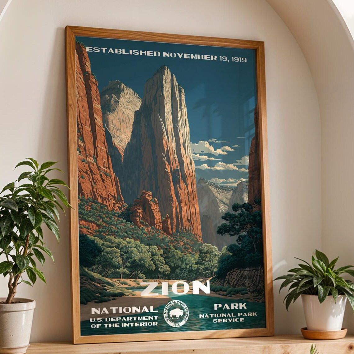 Zion National Park Established 1919 Red Rock Cliffs Vintage Poster
