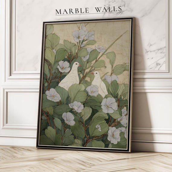 Vintage Botanical Doves Wall Art Print Flowering Branches Bird Poster Bedroom Living Room Decor