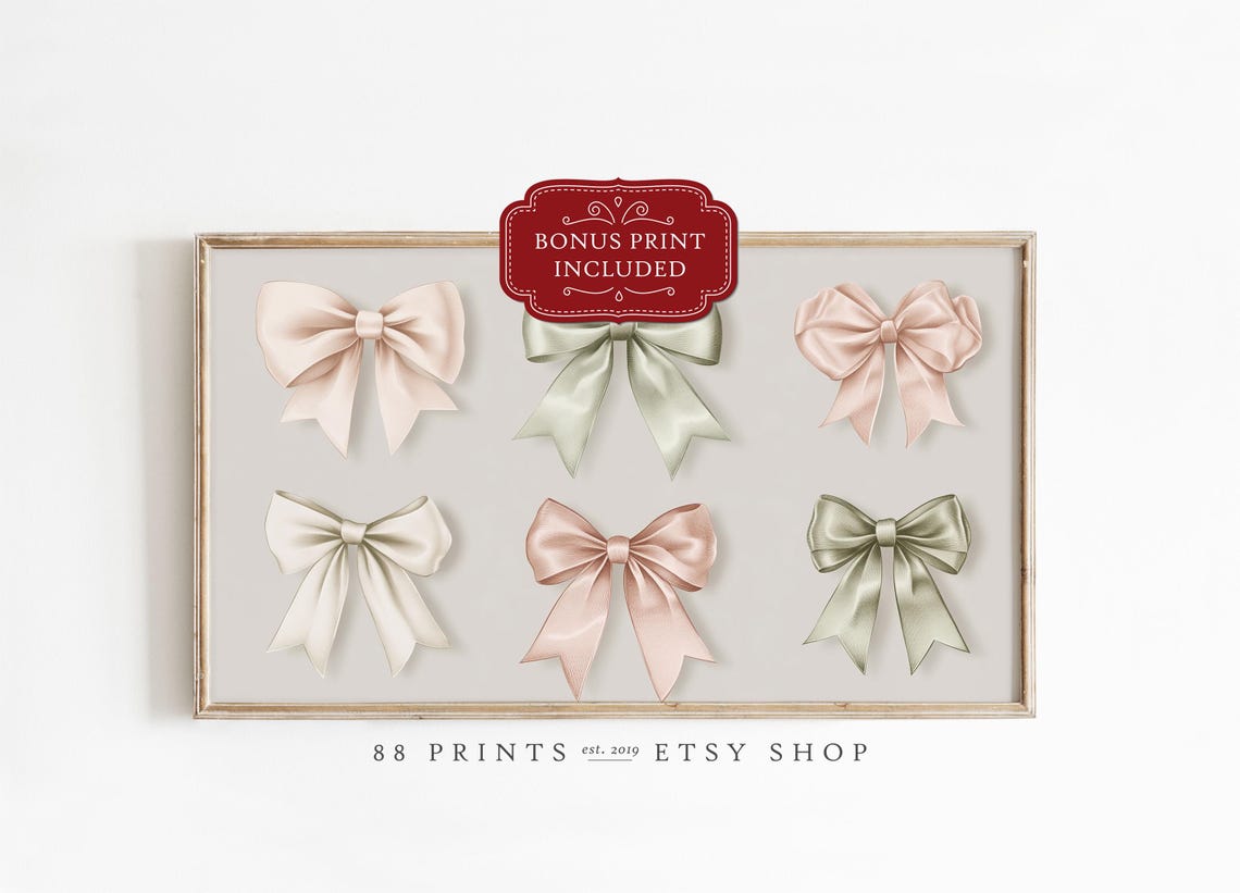 Blush Pink and Sage Green Satin Ribbon Bows Elegant Nursery Poster