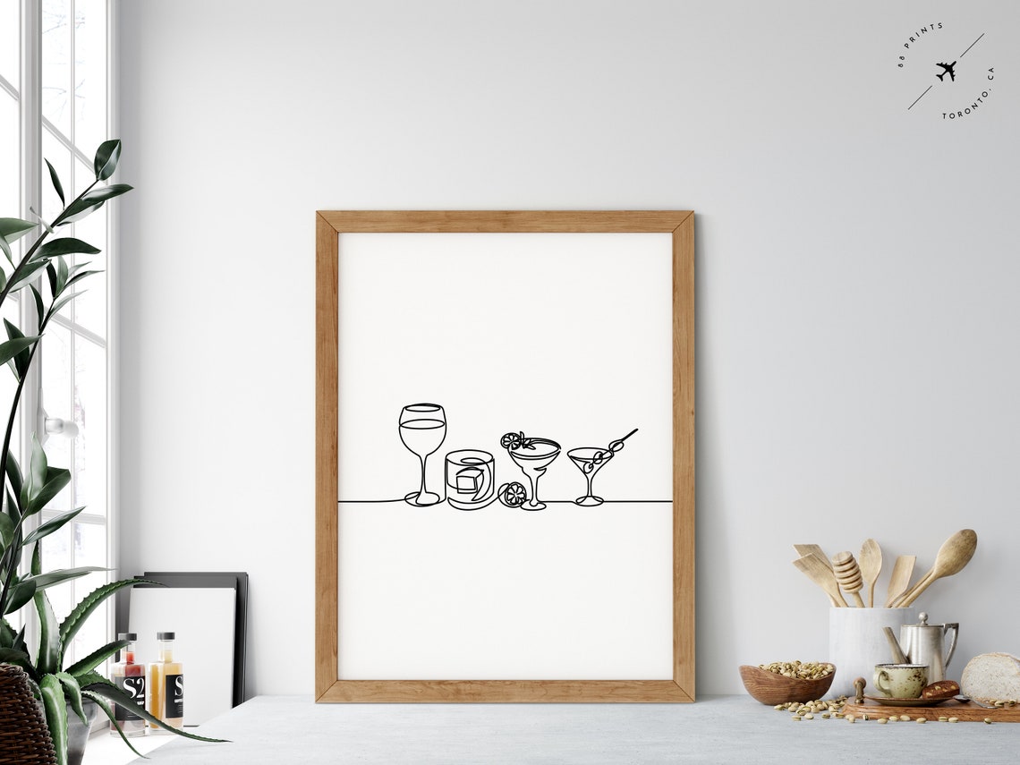 Cocktail Wine Martini Glasses Continuous Line Art Kitchen Bar Print - Image 3