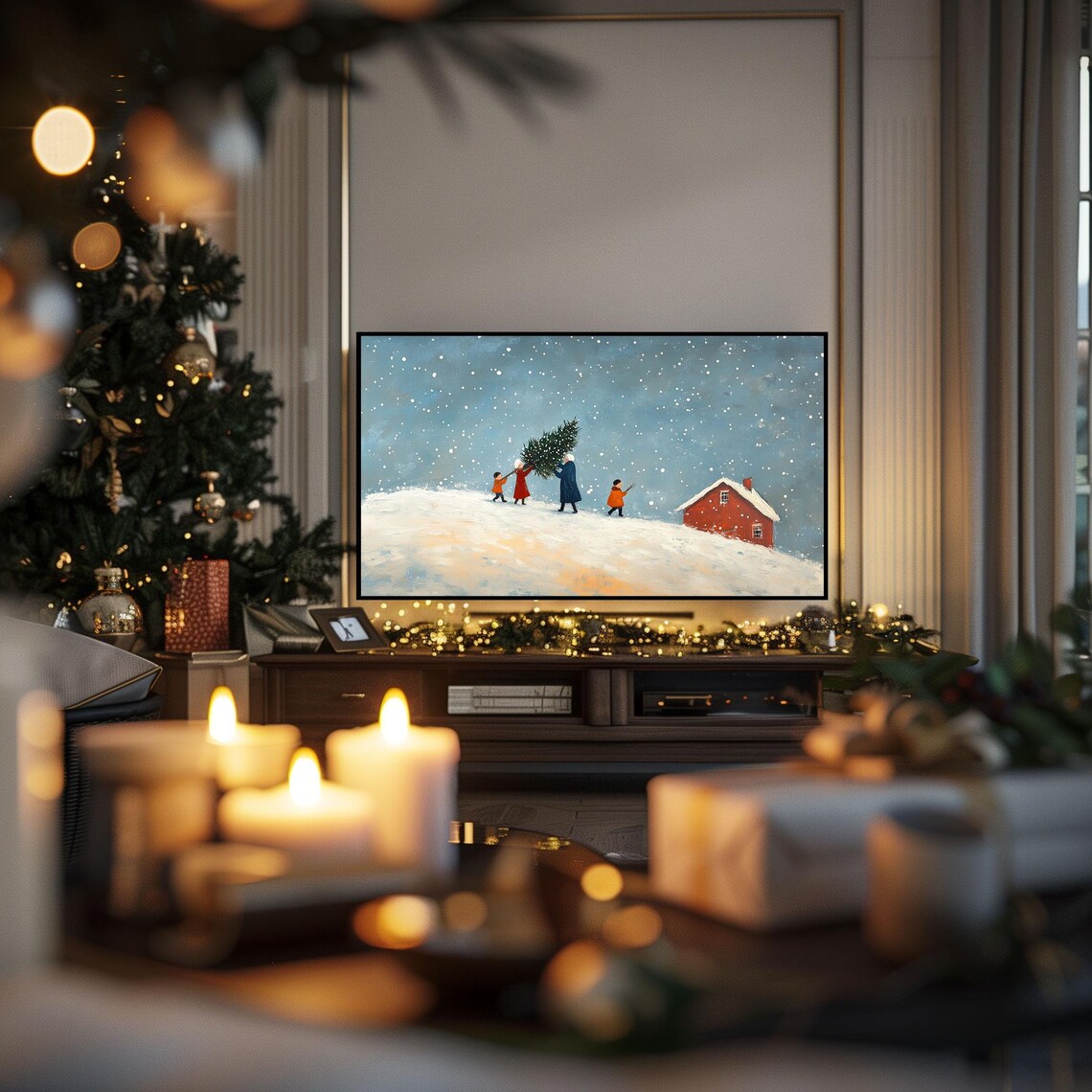 Family Carrying Christmas Tree Folk Art Snowy Farmhouse Poster - Image 3