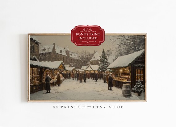 Snowy Christmas Market Stalls Vintage Painting Holiday Poster