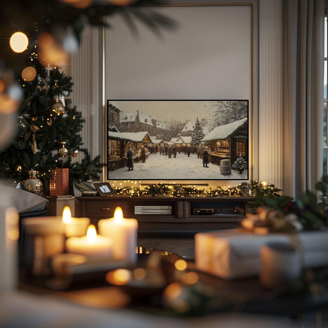 Snowy Christmas Market Stalls Vintage Painting Holiday Poster - Image 3