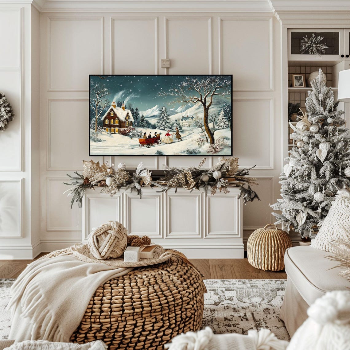 Vintage Christmas Village Sleigh Scene Snowy Night Art Poster - Image 2