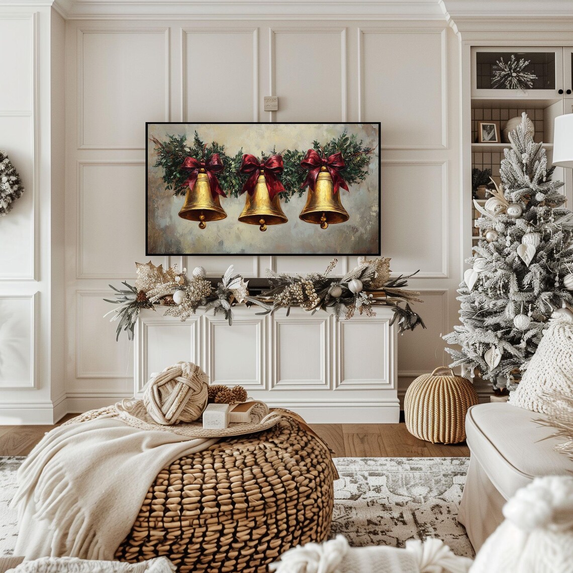 Golden Holiday Bells Christmas Frame TV Art Festive Garland Poster - Image 2