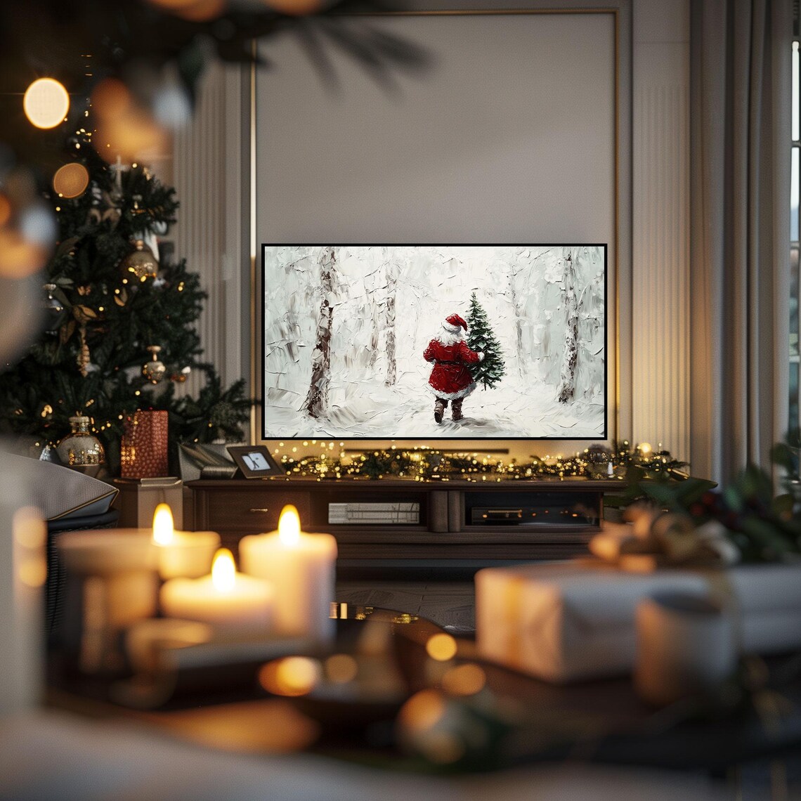 Santa Winter Forest Scene Christmas Frame TV Art Holiday Painting Poster - Image 3