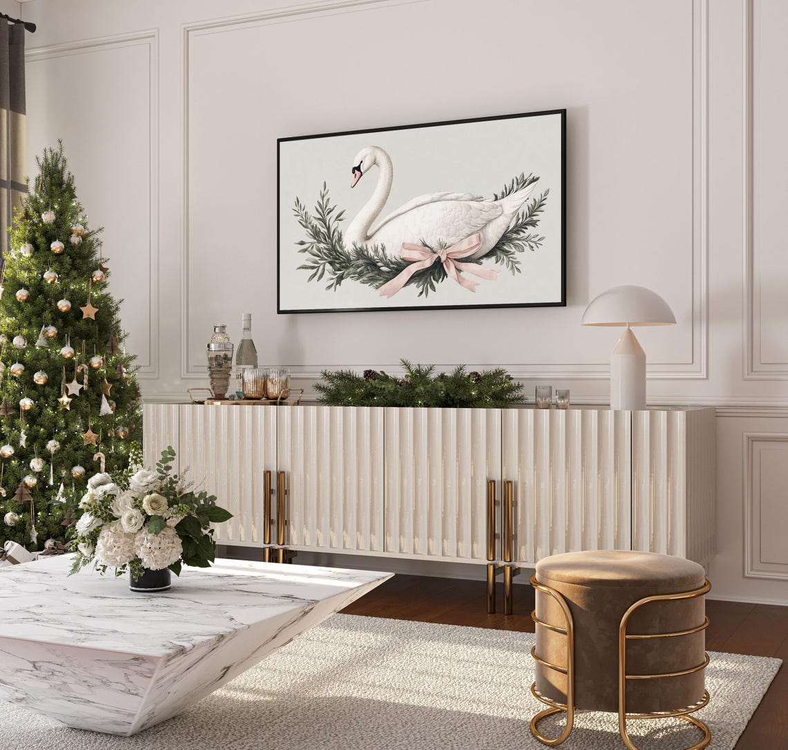 White Swan with Blush Pink Bow Christmas Greenery Wreath Art Poster - Image 4