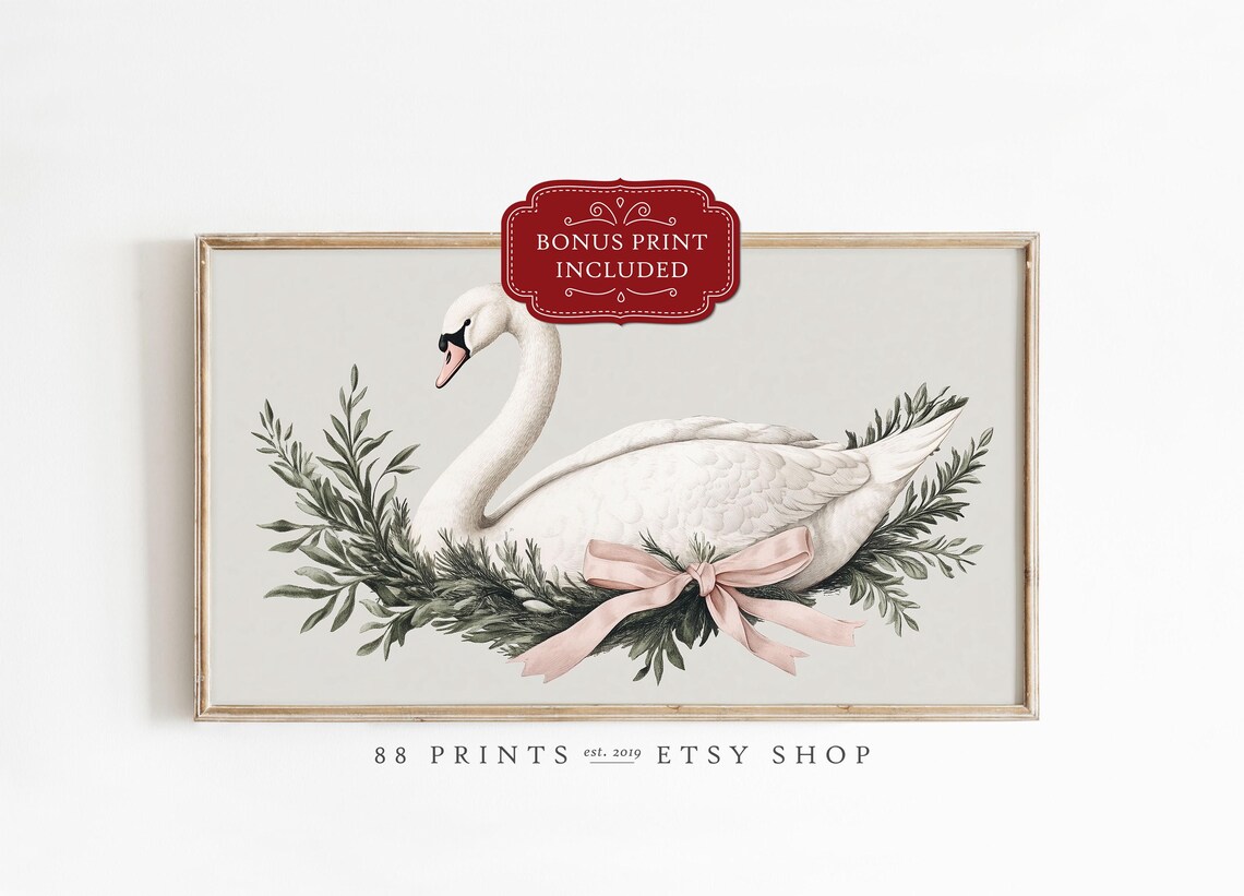 White Swan with Blush Pink Bow Christmas Greenery Wreath Art Poster