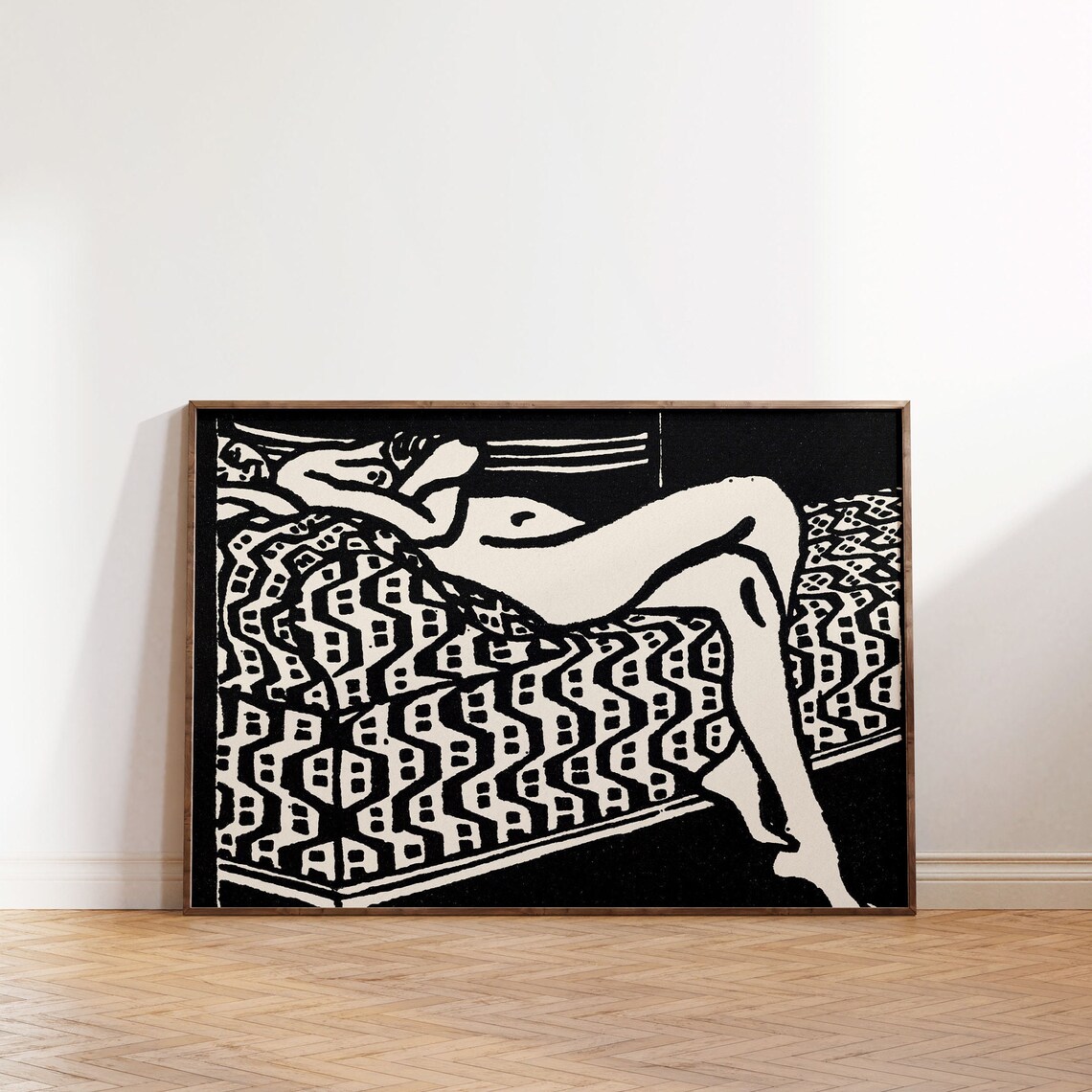 Reclining Nude Woman Black White Linocut Style Bold Art Print