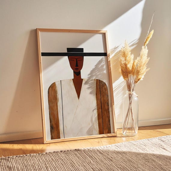 Minimalist Woman Portrait Beige Boho Scandinavian Wall Art Digital Download