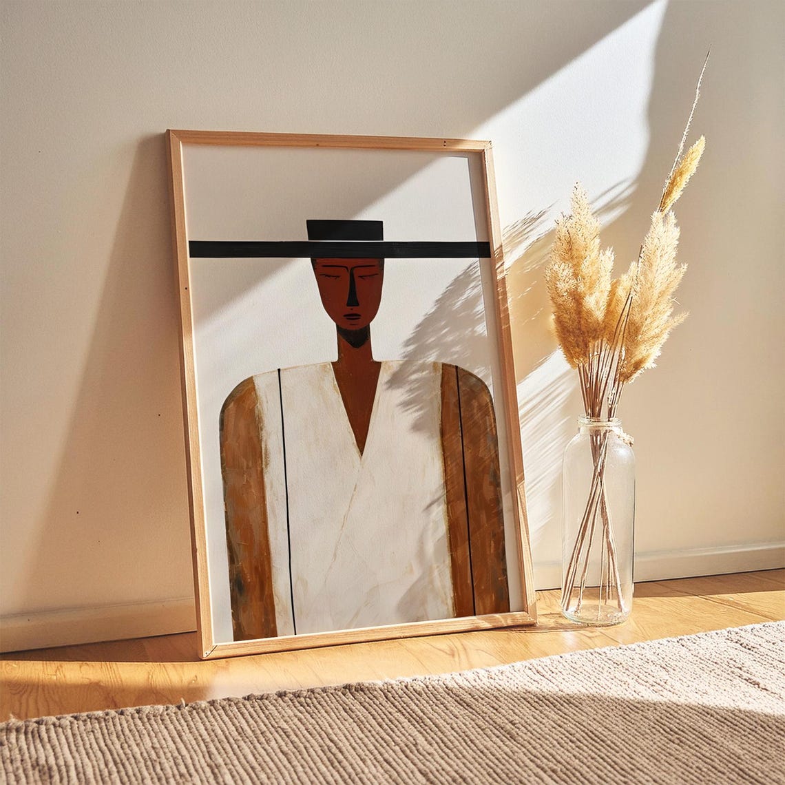 Abstract Woman Portrait Wide Brim Hat Beige Boho Minimalist Wall Art