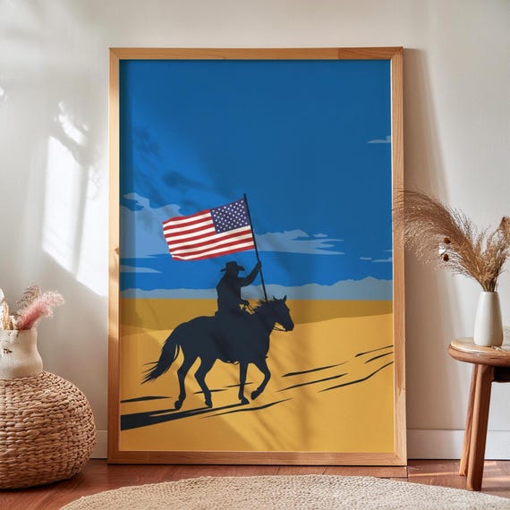 Minimalist Cowboy Silhouette With American Flag Rustic Wall Art Digital Download