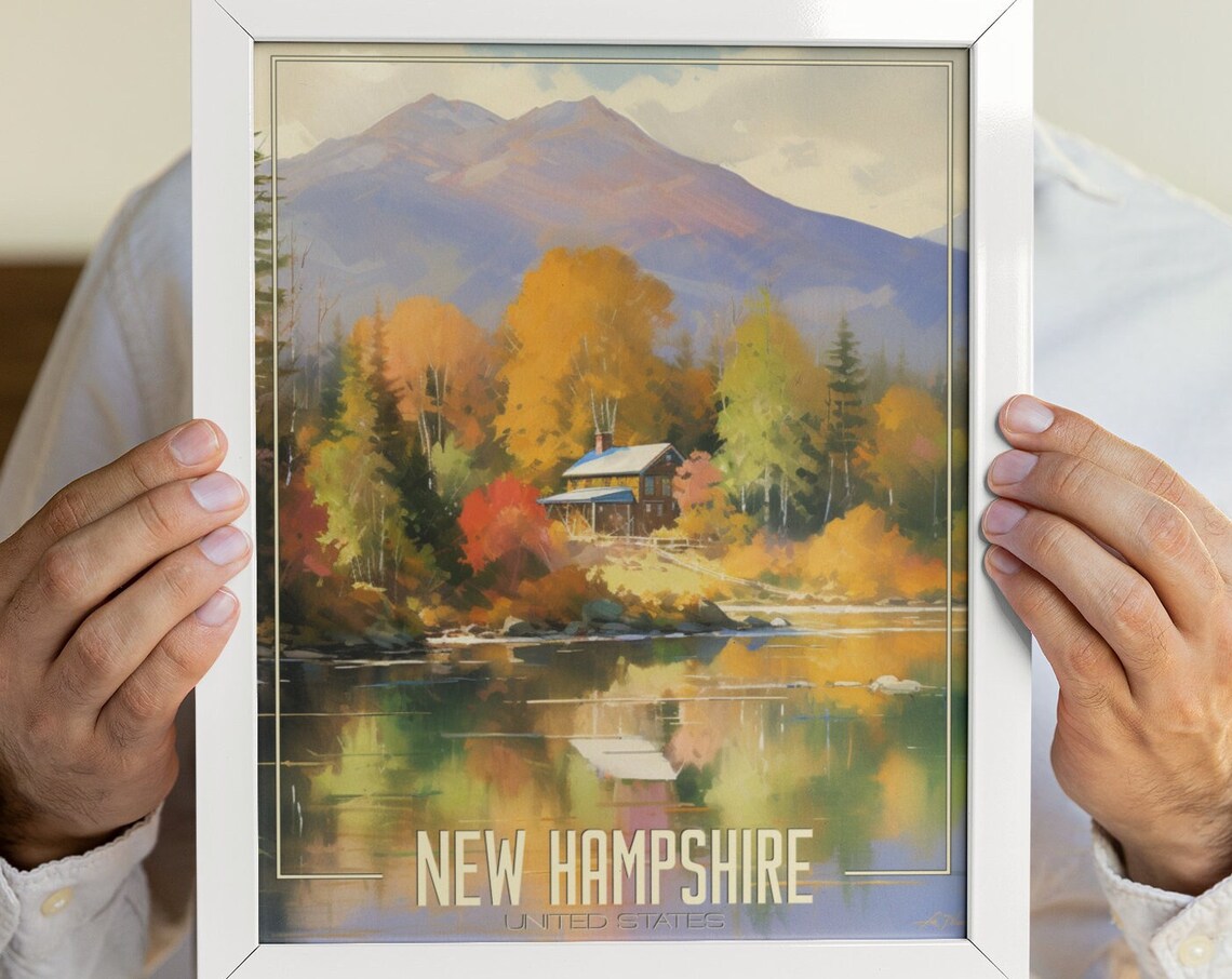 New Hampshire Autumn Lake Cabin Fall Foliage Mountain Travel Poster