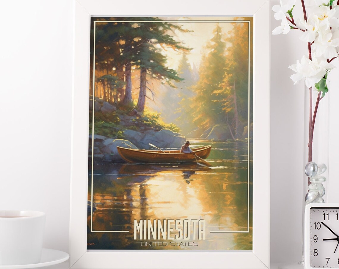 Minnesota Canoe Forest Lake Golden Hour Pines Calm Travel Poster