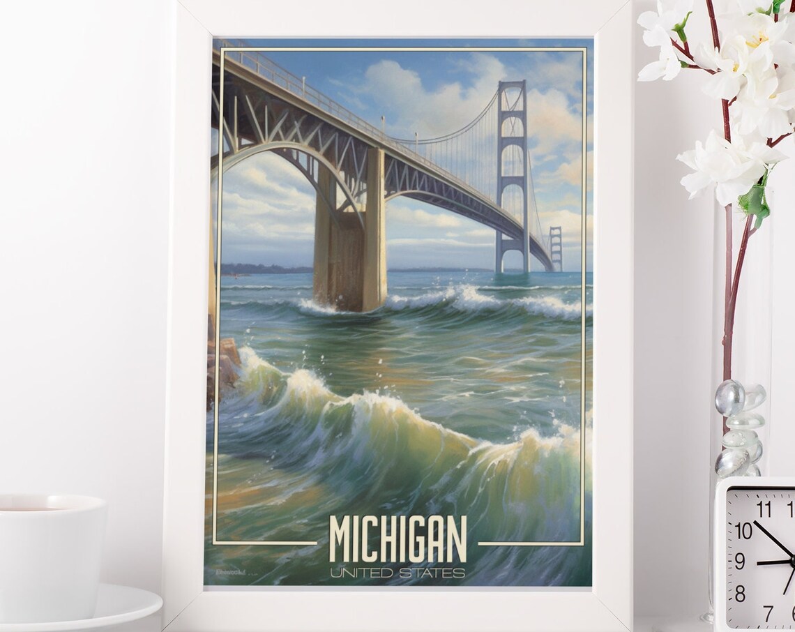 Michigan Mackinac Bridge Waves Great Lakes Sunset Travel Poster
