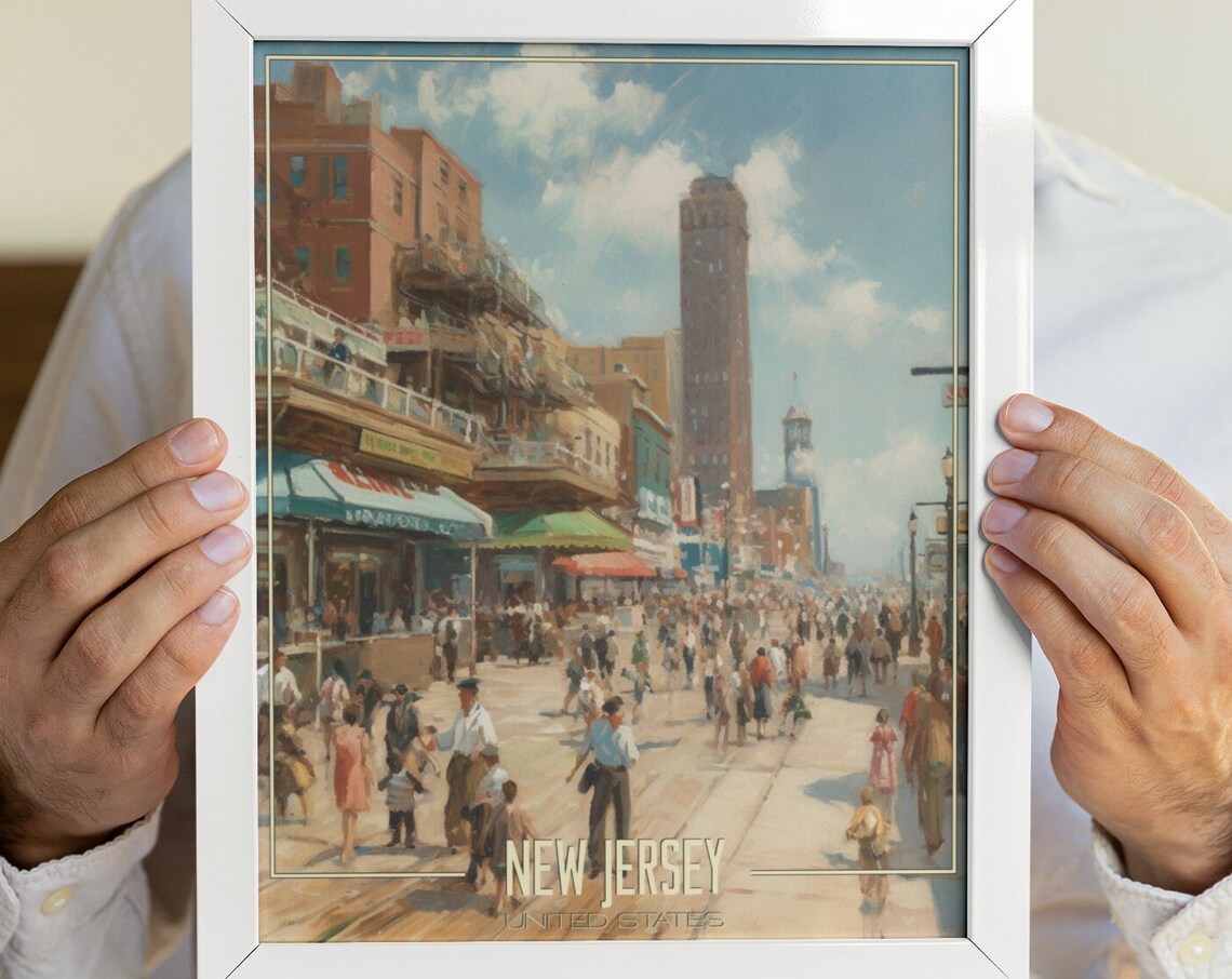 New Jersey Classic Boardwalk Sunset Overlook Ocean View Travel Poster