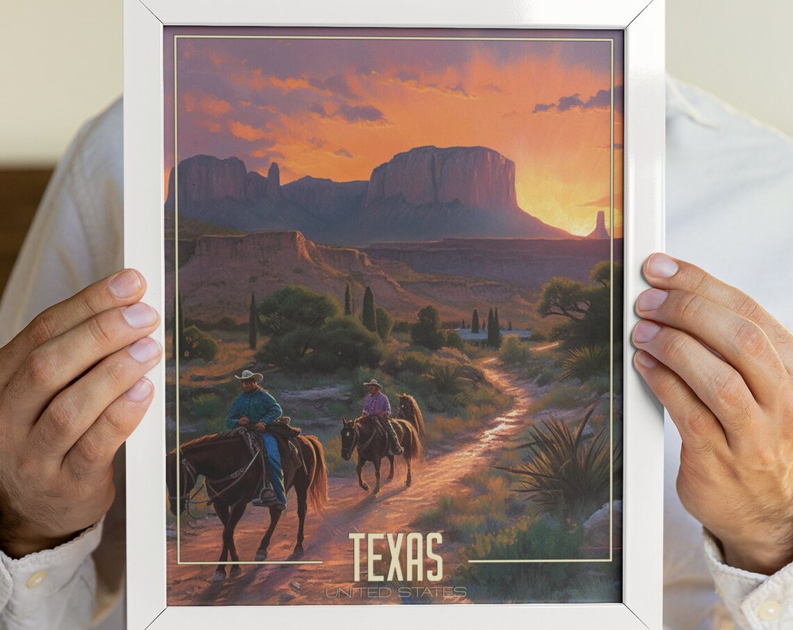 Texas United States Cowboys Riding Desert Canyon Mesas Travel Poster