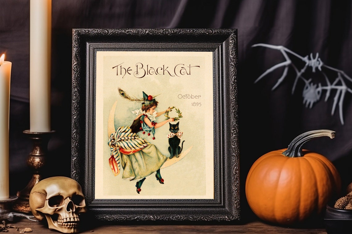 The Black Cat October 1895 Vintage Halloween Moon Art Poster