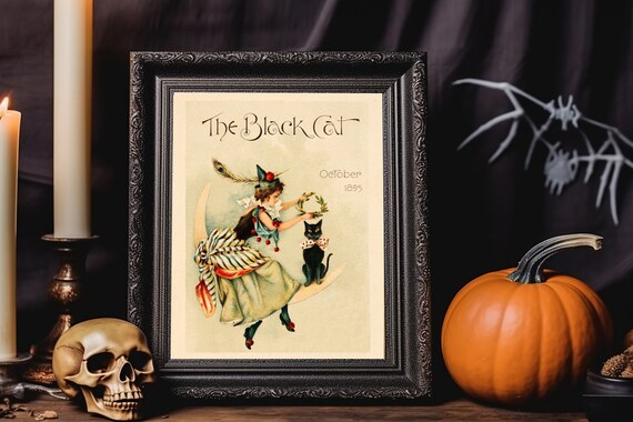 The Black Cat October 1895 Vintage Halloween Moon Art Poster