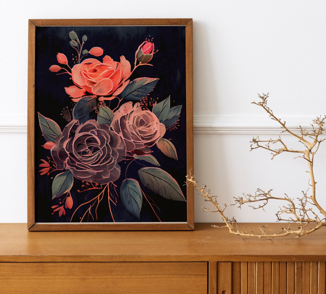 Vintage Coral and Mauve Roses on a Dark Black Background Poster