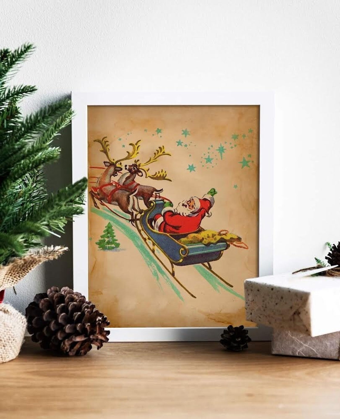 Christmas Vintage Santa And Reindeer Art Print Vintage Christmas Santa Sleigh Santa Claus Is Coming To Town Vintage Santa Christmas Art