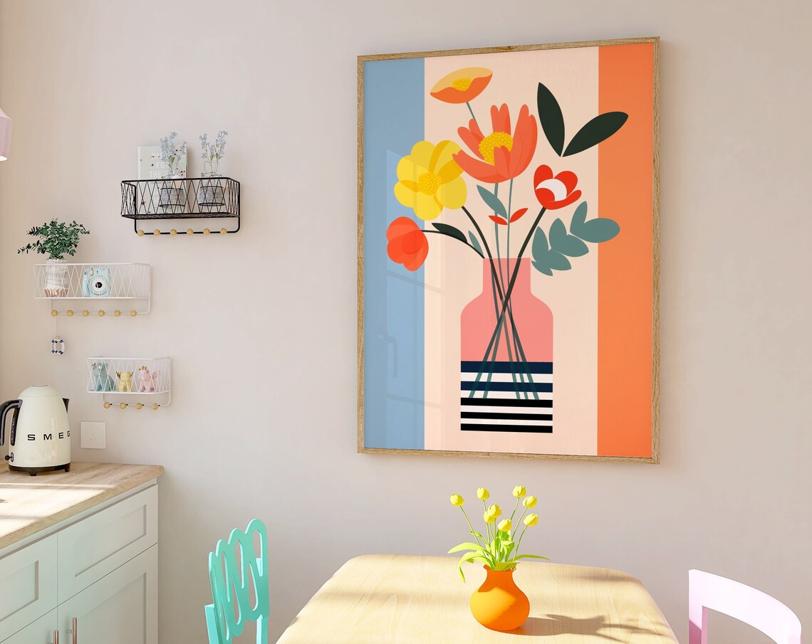 Mid Century Modern Flowers Pink Striped Vase Retro Botanical Poster - Image 3