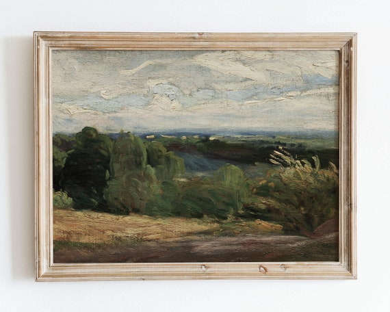 Rustic Vintage European Country Lake Oil Painting Wall Art Print Neutral Forest River Landscape Poster Antique Dark Moody Farmhouse Vp67