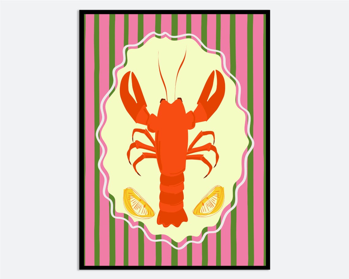 Lobster Lemon Seafood Illustration Pink Striped Kitchen Wall Art
