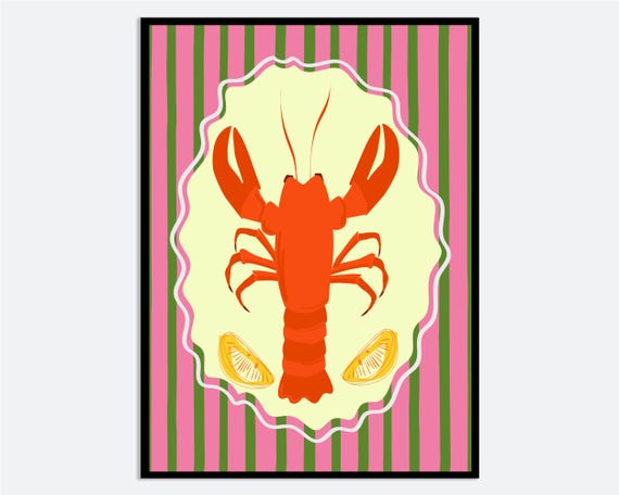 Lobster With Lemons Wall Art Print Hand Drawn Contemporary Coastal Kitchen Illustration Modern Summer Seafood Poster Ma190