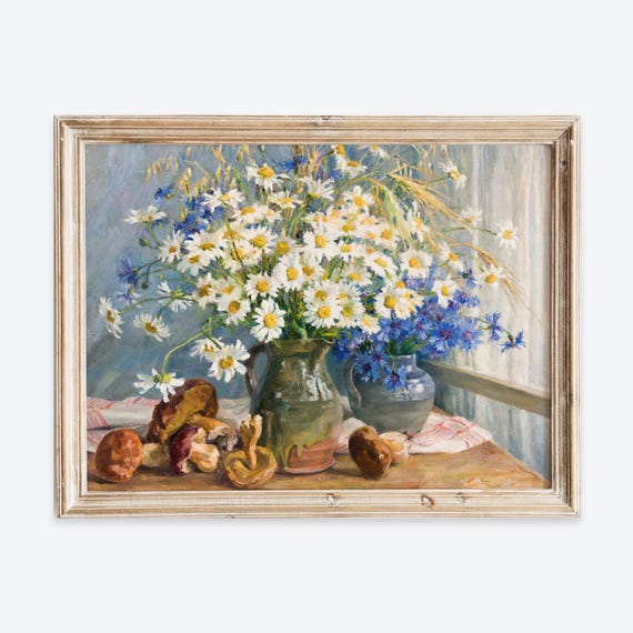 Vintage White Blue Daisies Flowers In Vases Still Life Wall Art Print Rustic Colorful Painting Antique Moody Floral Farmhouse Poster Vp296