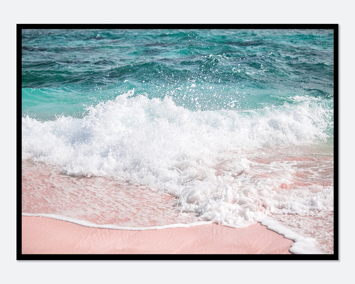 Pink Beach Ocean Waves Art Print, Boho Coastal