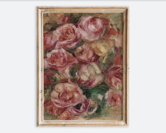 Vintage Rustic Pierre Auguste Renoir Roses Flowers Botanical Wall Art Print Colorful Floral Poster Antique Moody Farmhouse Painting Vp329