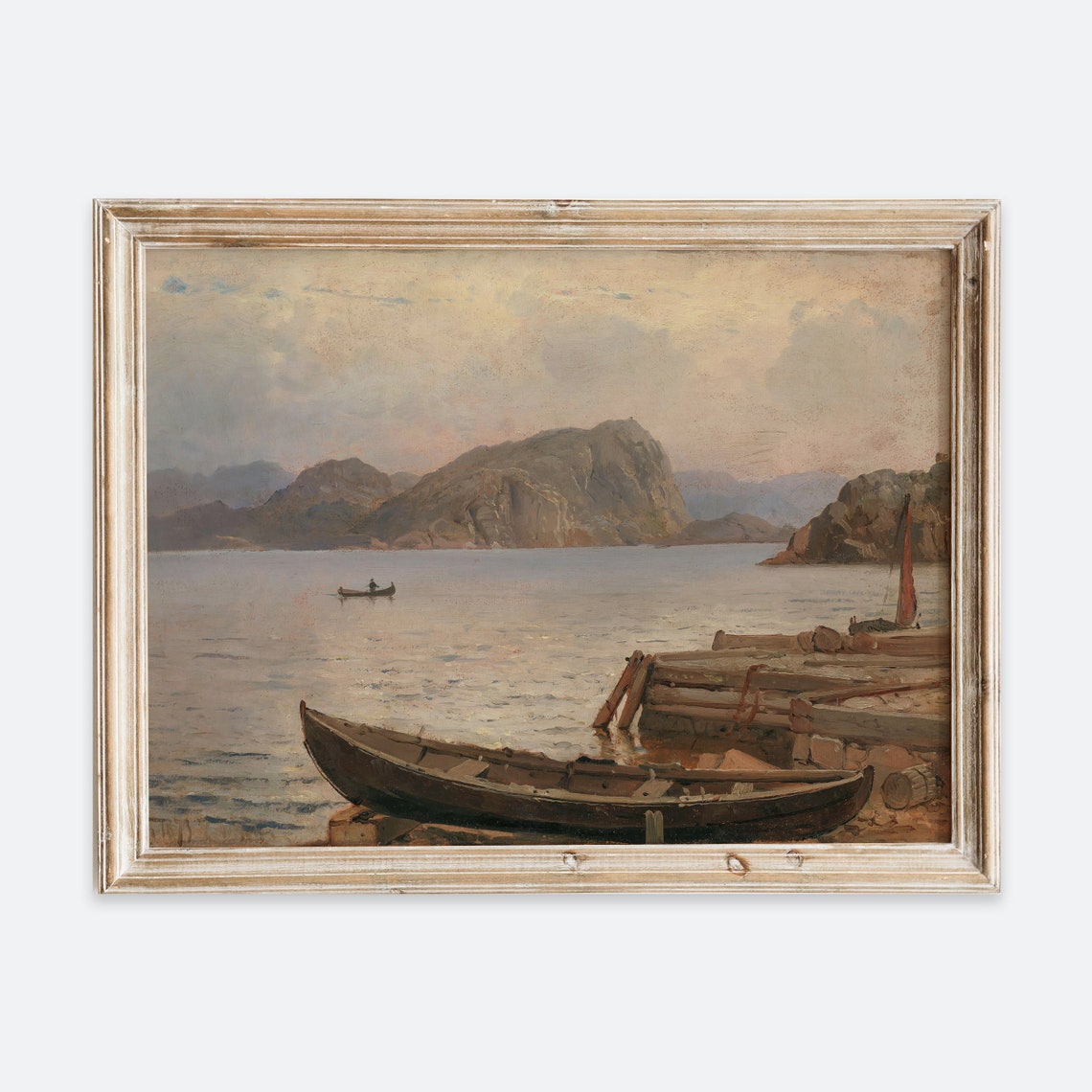 Wooden Boat on Quiet Shore Mountains Vintage Rustic Coastal Art Poster