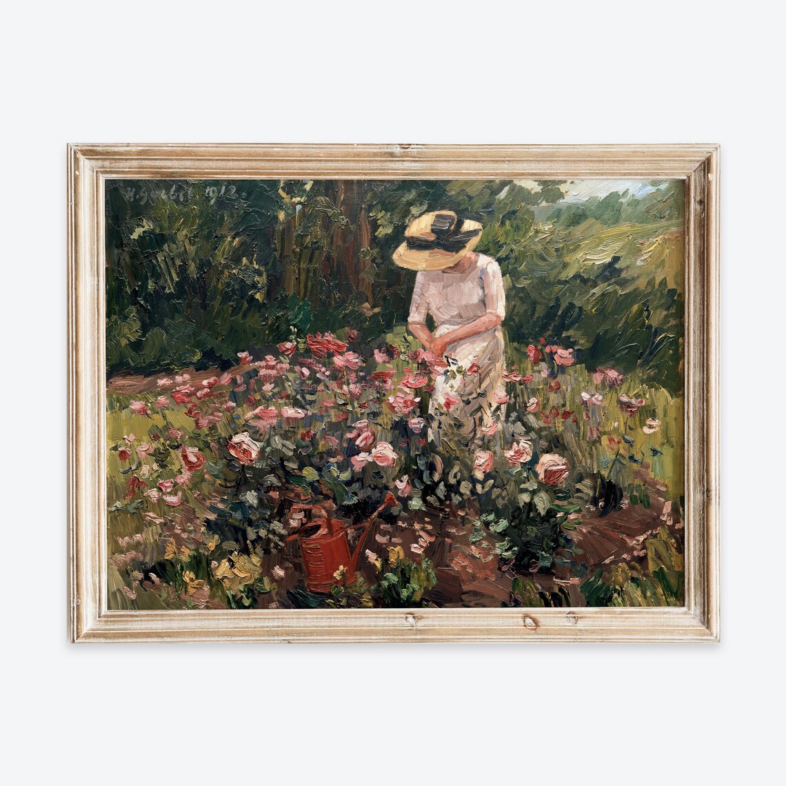 Woman Picking Roses in a Vintage Garden Oil Painting Floral Poster