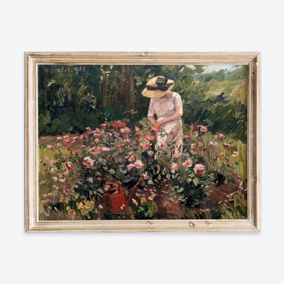 Vintage Woman In Garden Wall Art Print Floral Rose Flower Painting Poster Moody Girl Portrait Decor Antique Farmhouse Vp424
