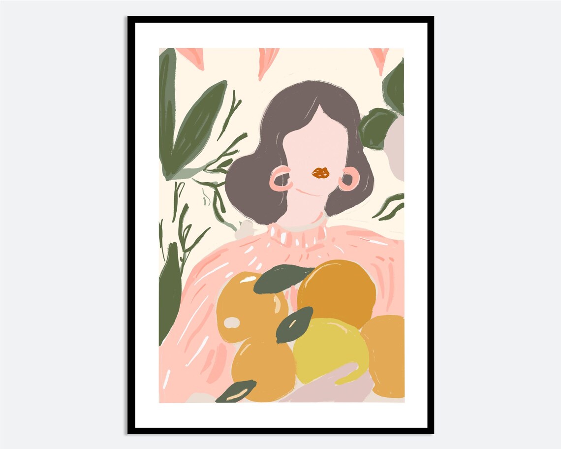 Citrus Woman Holding Oranges Illustration Tropical Leaves Modern Wall Art