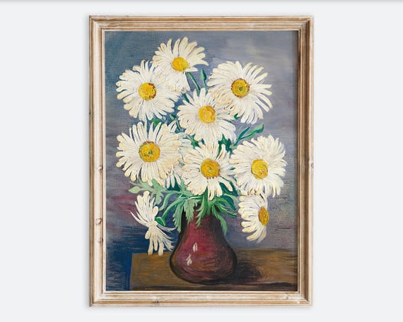 Vintage Bouquet Of Daisies Flowers In Vase Still Life Wall Art Print Rustic Colorful Painting Antique Moody Floral Farmhouse Poster Vp289