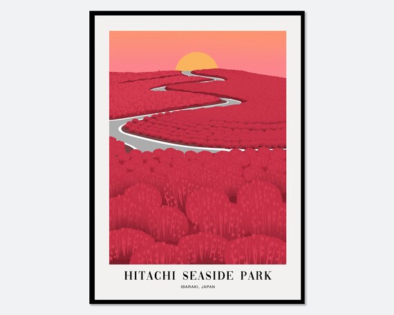 Hitachi Seaside Park Red Kochia Hills Sunset Japan Travel Poster