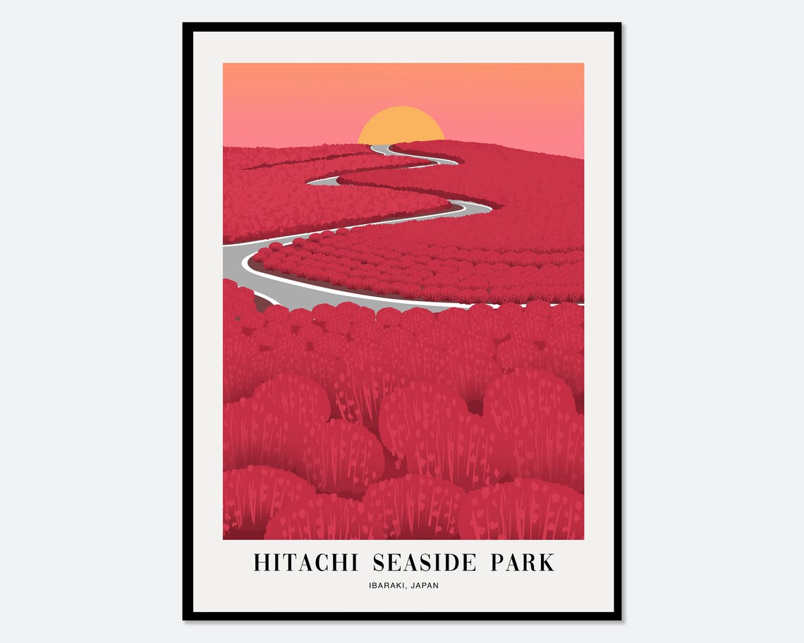 Hitachi Seaside Park Red Kochia Hills Sunset Japan Travel Poster