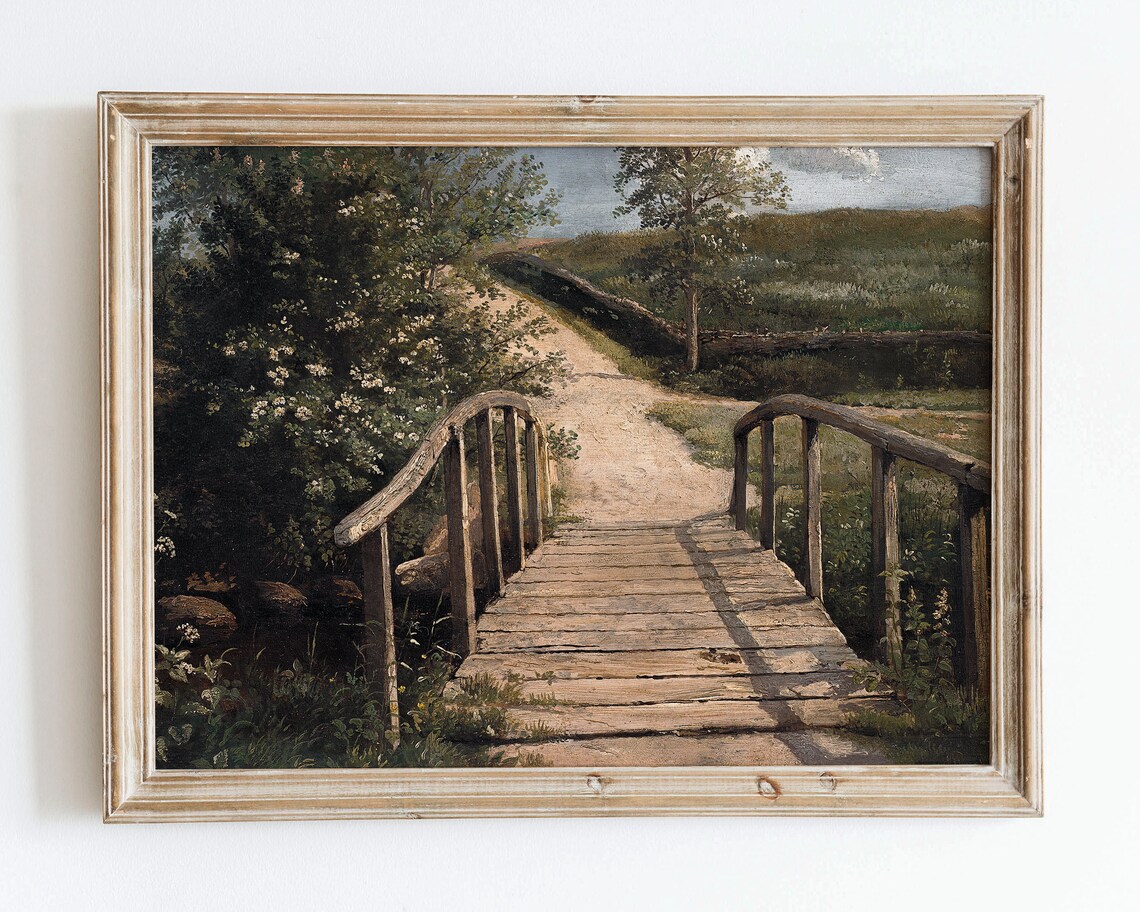 Rustic Vintage European Country Bridge Art Print, Farmhouse
