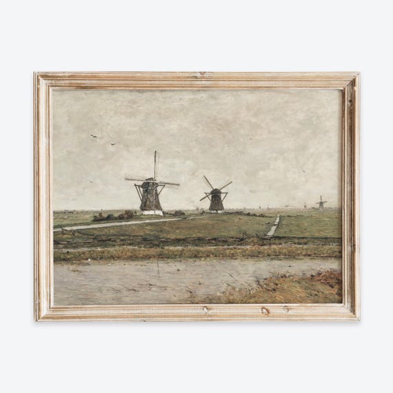 Vintage Dutch Windmill Landscape Wall Art Print Antique Rustic Countryside Painting Moody European Farmhouse Poster Neutral Field Vp299